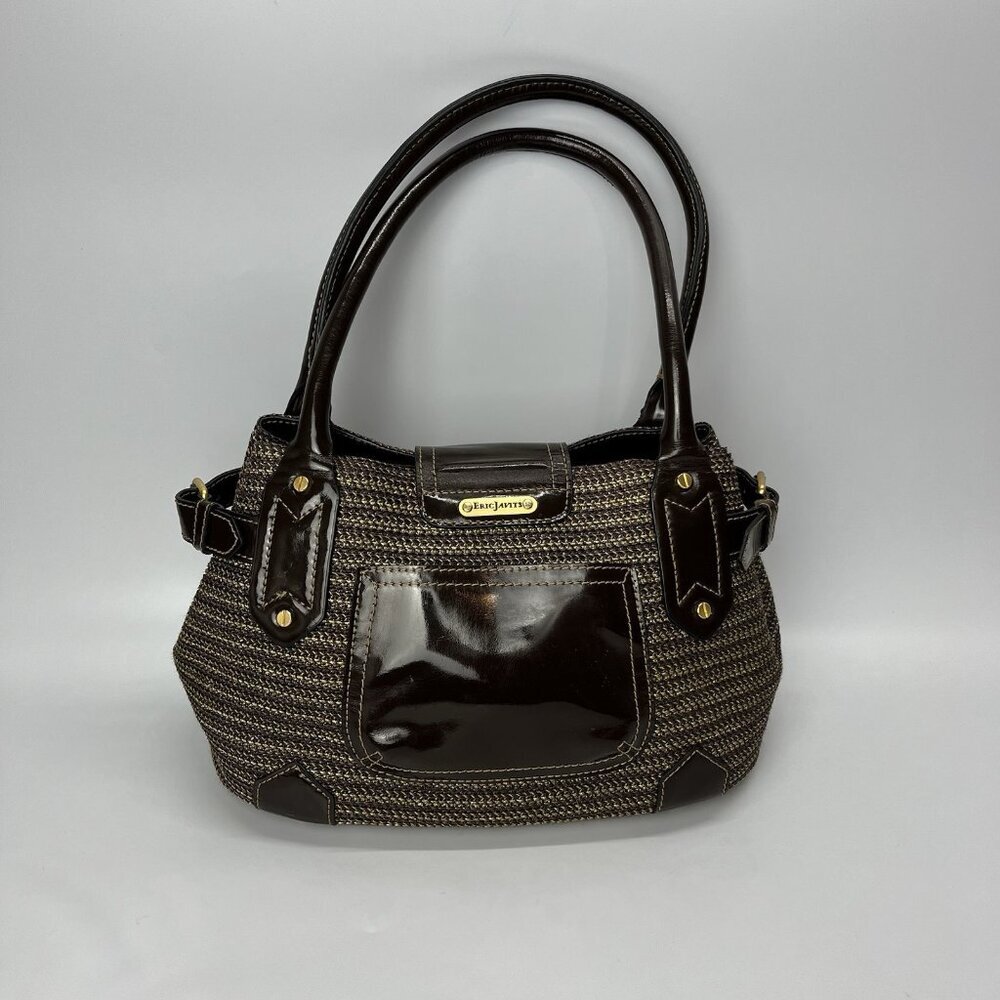 Eric Javits Handbag Double Handle Purse Brown Gold Metallic Woven‎ Straw